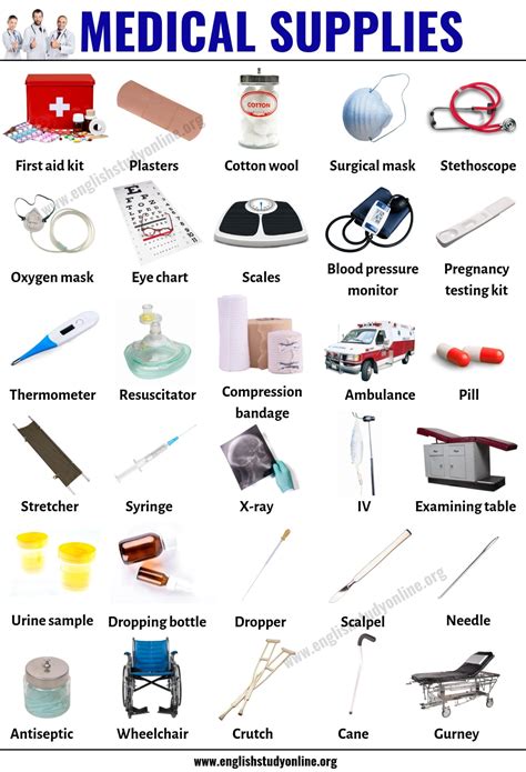 medical supplies equipment list english study useful vocabulary school infographic choose board save