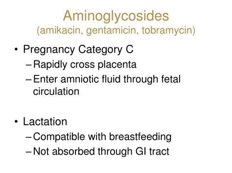 pregnancy aminoglycosides gentamicin lactation drug during use tobramycin amikacin ppt powerpoint presentation category compatible